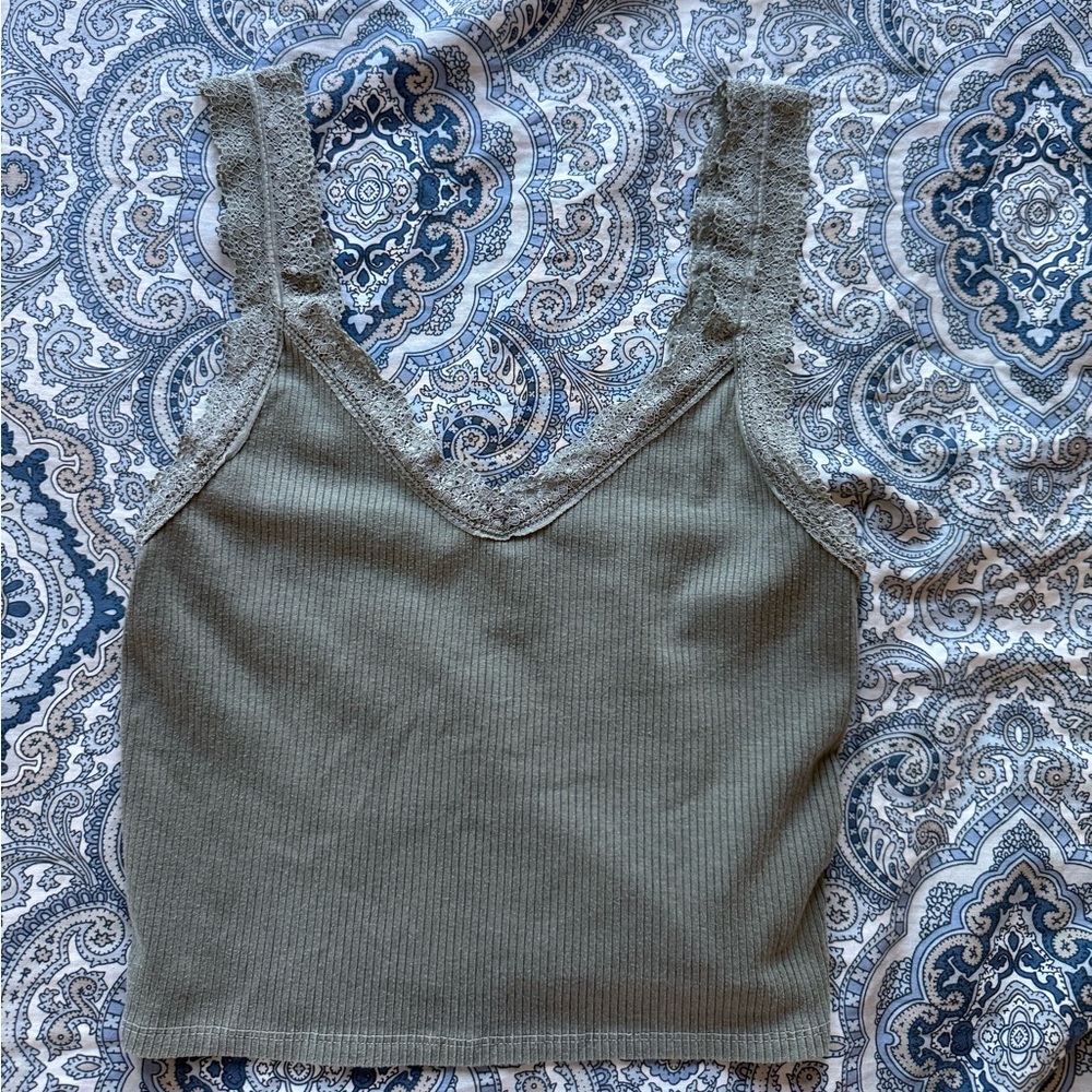 American Eagle Outfitters Olive Lace Trim Tank Top